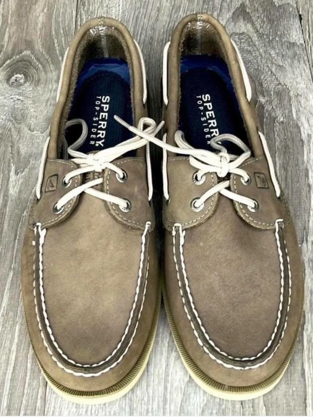 Sperry Men's Suede Boat Shoes in Taupe with White Laces